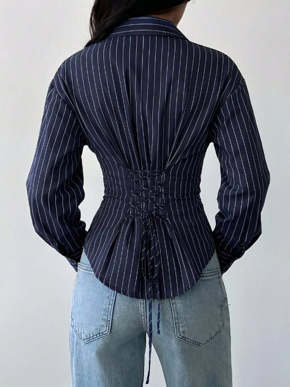 Navy Blue Casual Women's Striped Drop Shoulder Regular Fit Shirt - Picture 2 of 7